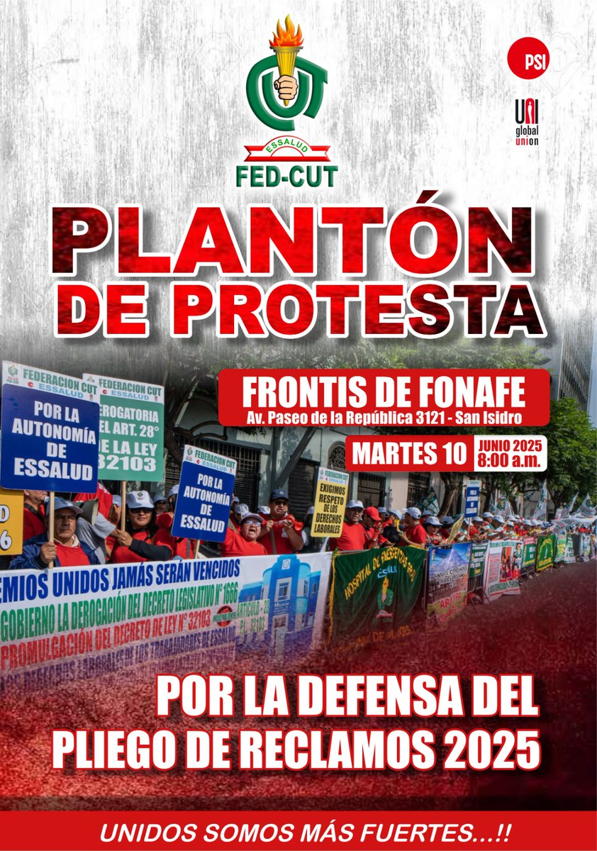 Federación CUT (@fedcut) on Twitter photo 📢✊ #FEDCUT convoca a plantón de protesta este 10 de junio – 8:00 a.m. en el frontis de <a href="/CorpFonafe/">Corporación FONAFE</a> , por la defensa del Pliego de Reclamos 2025.
¡L@s trabajador@s de <a href="/EsSaludPeru/">EsSalud Perú</a> seguimos firmes en la lucha!
#FEDCUT #Pliego2025 #EsSaludPresente #80AñosFEDCUT #UnidadSindical 📢✊ #FEDCUT convoca a plantón de protesta este 10 de junio – 8:00 a.m. en el frontis de <a href="/CorpFonafe/">Corporación FONAFE</a> , por la defensa del Pliego de Reclamos 2025.
¡L@s trabajador@s de <a href="/EsSaludPeru/">EsSalud Perú</a> seguimos firmes en la lucha!
#FEDCUT #Pliego2025 #EsSaludPresente #80AñosFEDCUT #UnidadSindical