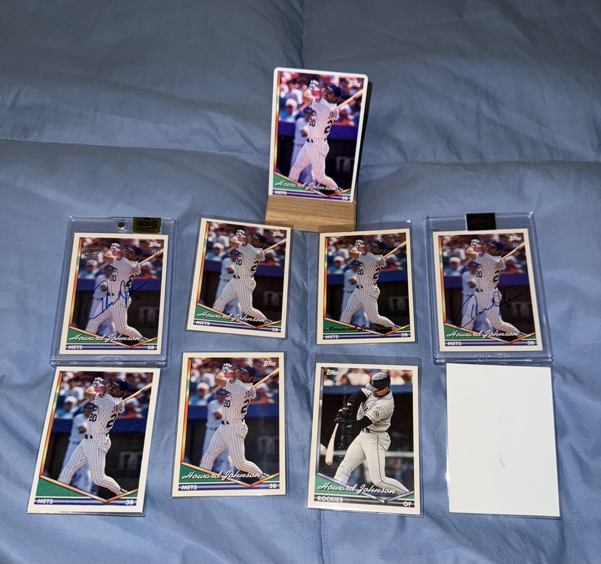 SpecialKLevy's tweet image. All different @20Hojo 1994 @Topps. Headed by the ceramic one. Flanked by a 2015 & 2022 Topps archives. Base, Gold, traded, Spanish, blank front and blank back. #lgm