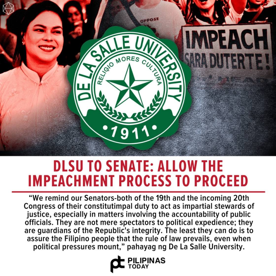DLSU TO SENATE: ALLOW THE IMPEACHMENT PROCESS TO PROCEED

As members of the Lasallian Family in the Philippines, committed to the values of faith, service, and communion in mission, we raise our collective voice in strong condemnation of any and all efforts-covert or overt to