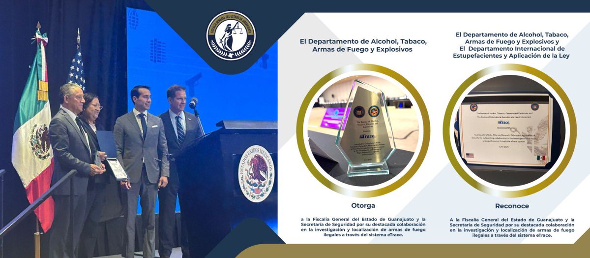 🤝 Reconocimiento internacional a la Fiscalía de Guanajuato y la Secretaría <a href="/pazgobgente/">Secretaría de Seguridad y Paz</a> 

El Departamento de Alcohol, Tabaco, Armas de Fuego y Explosivos (ATF) y el Departamento Internacional de Estupefacientes y Aplicación de la Ley (INL) reconocieron a la #FiscalíaGuanajuato y
