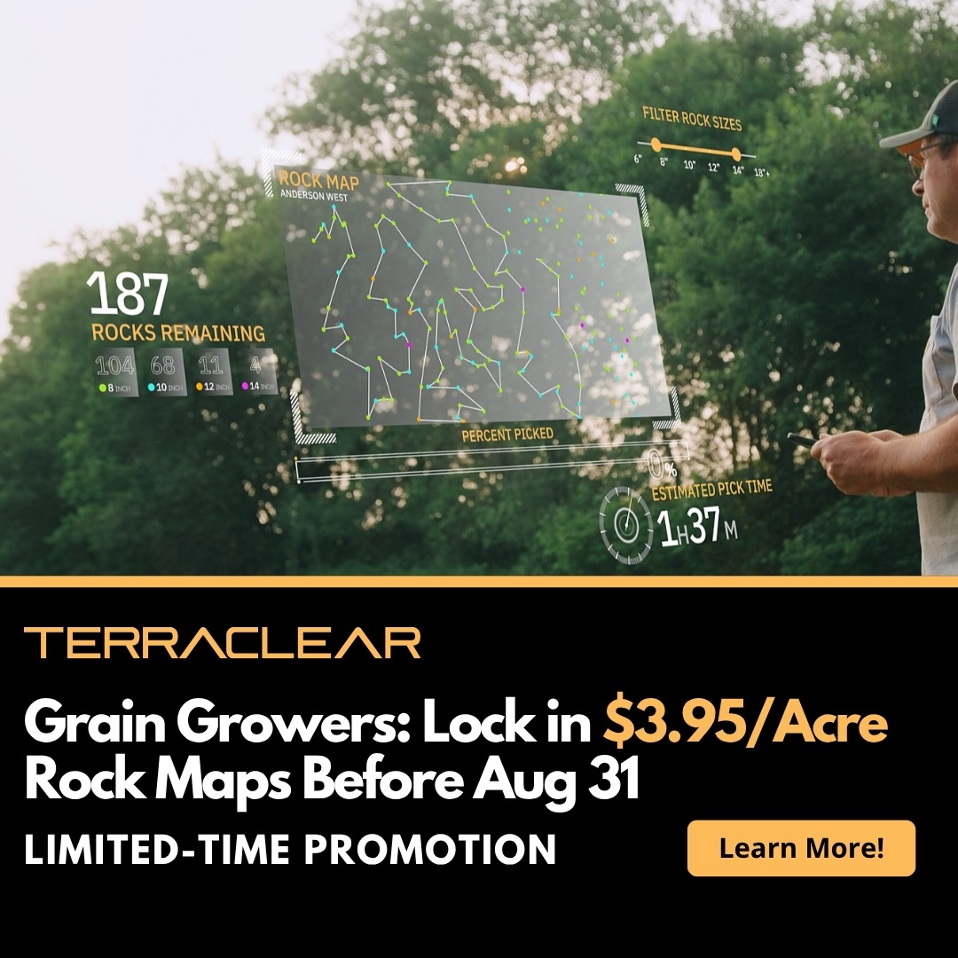 Attention Growers! Take advantage of limited time savings on TerraClear Rock Maps. Now, thru August 31, Rock Maps are only $3.95 per acre mapped! Visit rocks.terraclear.com/4jADTfd for more information!