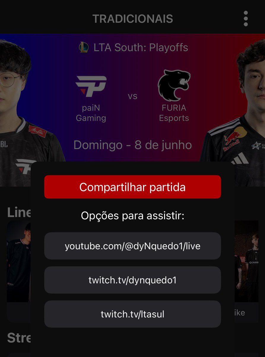 Pra você que tá em outro planeta e ainda não sabe, a melhor co-stream pra assistir nossa paiN Gaming na LTA é na Ilha da Sucata do Drakão, domingão tem jogo contra a Fúria e no app Tradicionais você consegue ir direto pra live em 3 cliques

Baixa o app lá galera, link abaixo