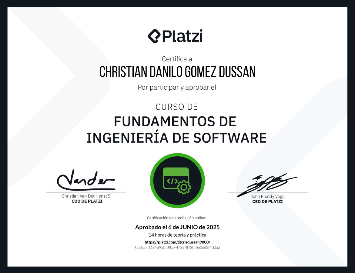 ChristianDGD98's tweet photo. Finalice el curso de Fundamentos de Ingeniería de Software, excelente curso me encantó, lo Mejor @platzi https://t.co/cHjr3morPr