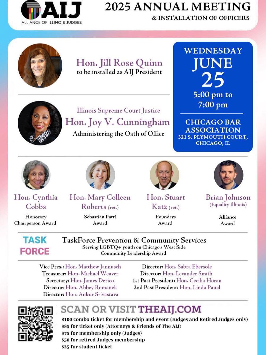 Join the Alliance of Illinois Judges (AIJ) on June 25th at the <a href="/ChicagoBarAssoc/">Chicago Bar Assoc</a> as <a href="/lagbac/">LAGBAC</a> Board Member, the Hon. Jill Rose Quinn, is sworn in as President!  Justice Joy Cunningham will administer the oath and distinguished awardees will be honored!

🎟️ theaij.com/events-members…