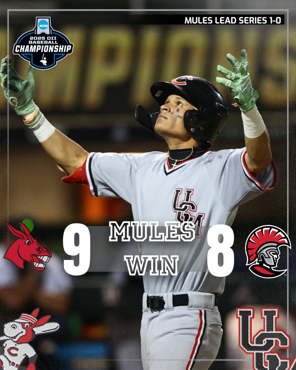 Roll Stable (@mules_baseball) on Twitter photo FINAL | No. 2 Mules 9, No. 1 Tampa 8
We lead the <a href="/NCAADII/">NCAA Division II</a> Championship Series, 1-0‼️
We'll play for a National Championship tomorrow afternoon at 2 p.m. CT (3 p.m. ET)!
#teamUCM x #RollStable FINAL | No. 2 Mules 9, No. 1 Tampa 8
We lead the <a href="/NCAADII/">NCAA Division II</a> Championship Series, 1-0‼️
We'll play for a National Championship tomorrow afternoon at 2 p.m. CT (3 p.m. ET)!
#teamUCM x #RollStable