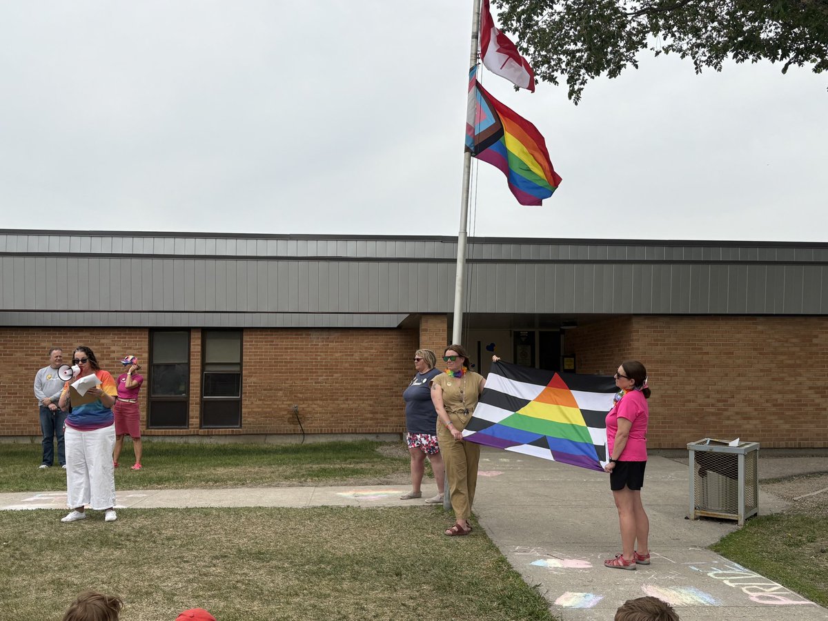 Today we raised the Pride Flag, learned about the Ally Flag, and learned how we can be allies to the 2SLGBTQ+ community. Pride month has begun at Henry Janzen School! 🏳️‍🌈🎉