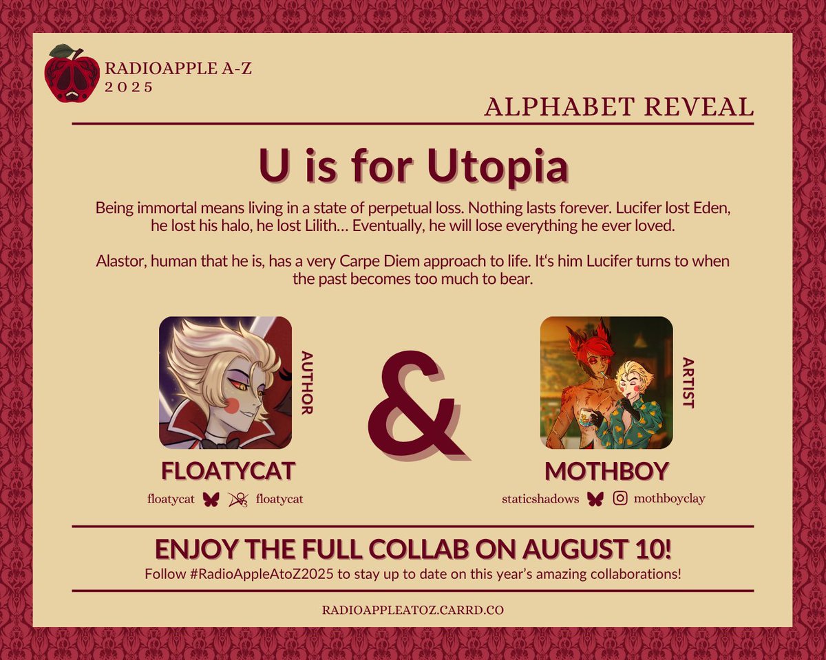 Today's RadioApple A to Z is brought to you by...

U is for Utopia
Coming August 10, 2025
Written by <a href="/floaty_cat/">floatycat 📻🍎✨</a> 
Illustrated by <a href="/MothboyClay/">Clay</a> 

#radioapple #appleradio #radioappleatoz2025 #hazbinhotel