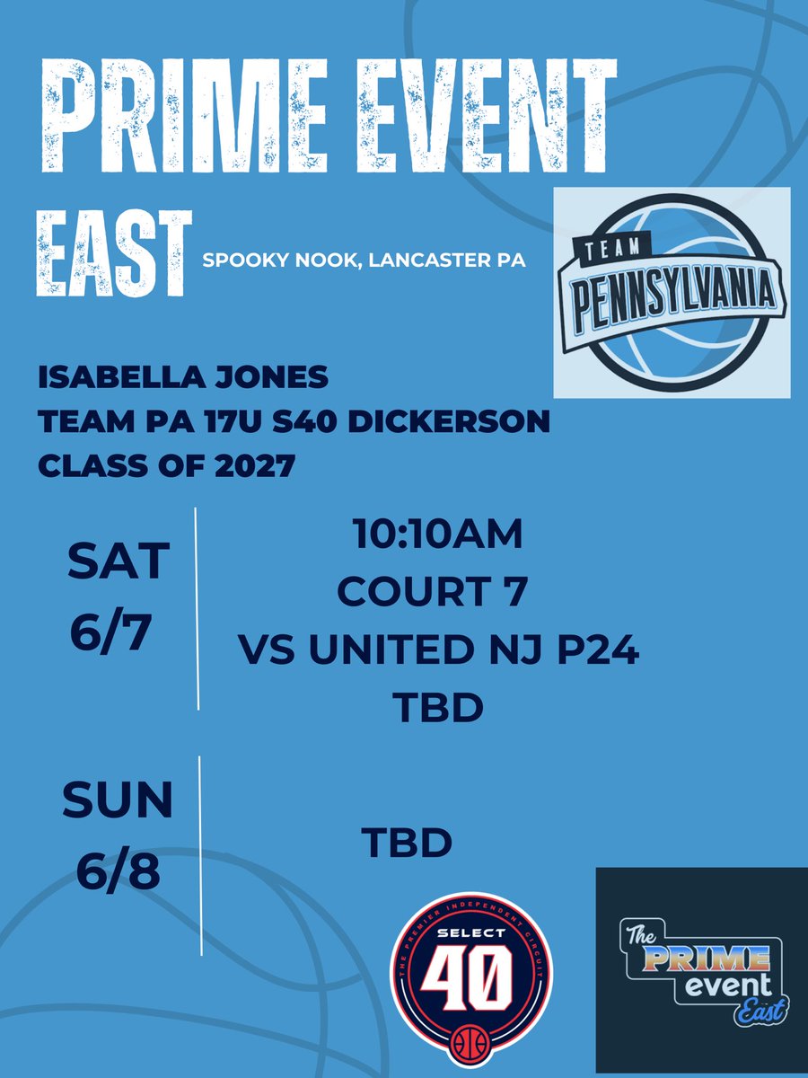Isabella Jones (@bellaj2027) on Twitter photo College Coaches- This weekend my team and I will be at Spooky Nook participating in Prime Event East‼️ Come check us out‼️
<a href="/TEAMPAHOOPS/">TEAM PENNSYLVANIA</a>
<a href="/CoreyD2For1/">Corey Dickerson</a>
<a href="/TRDipp/">Taylor Dippery</a> College Coaches- This weekend my team and I will be at Spooky Nook participating in Prime Event East‼️ Come check us out‼️
<a href="/TEAMPAHOOPS/">TEAM PENNSYLVANIA</a>
<a href="/CoreyD2For1/">Corey Dickerson</a>
<a href="/TRDipp/">Taylor Dippery</a>