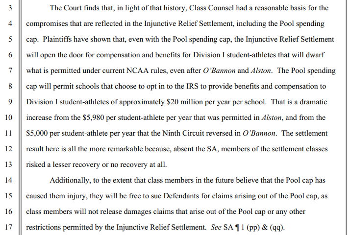 samcehrlich's tweet photo. She finds that the revenue sharing cap is a reasonable compromise... and regardless she says that class members will still be able to sue for claims arising out of the Pool cap... which is an interesting interpretation of the release clauses. Very interesting. https://t.co/8AyQex4eMb