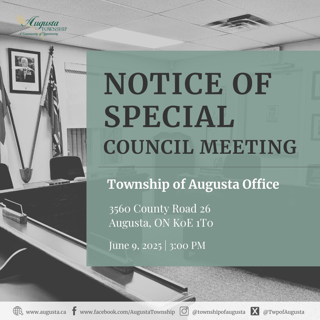 Notice of Special Council Meeting: Mon, June 9 at 3PM to discuss North Augusta Ball Diamond Infrastructure.
Followed by Regular Council Meeting at 5PM.
📍 3560 County Rd 26 or join via Teams.
Agenda + links: [augusta.ca/townsh...](augusta.ca/townsh...
