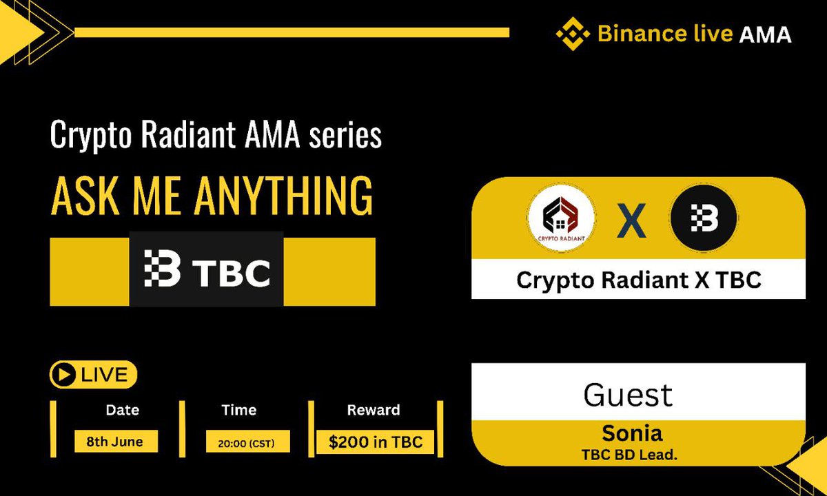 CryptoRadiant7's tweet image. 📢Join us in our upcoming #Binance Live AMA with @TuringBitchain_ 🔥

🗓️ 8th June , 2025 | 8 PM CST 

📌Venue : binance.com/en-IN/live/u/3…

🎁 Reward : $100 IN TBC 

Rules :
➡️Follow: @CryptoRadiant7 &amp;amp; @TuringBitchain_

➡️Like, Retweet, send Questions  here 👇