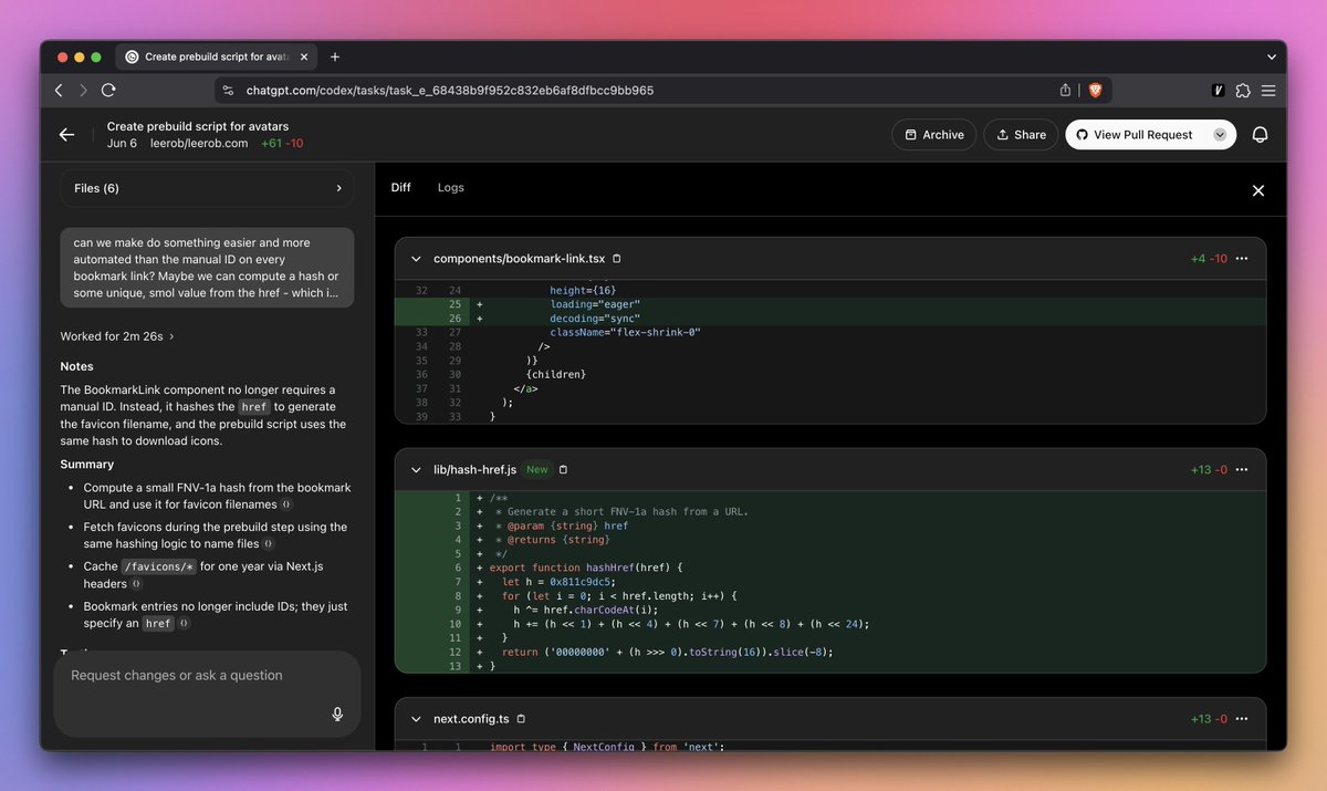leerob's tweet image. Kudos to the Codex team. They fixed the two issues I had:
1. You can enable network access (yay, npm install works)
2. You can push updates to existing PRs
Love when teams listen and ship fast.