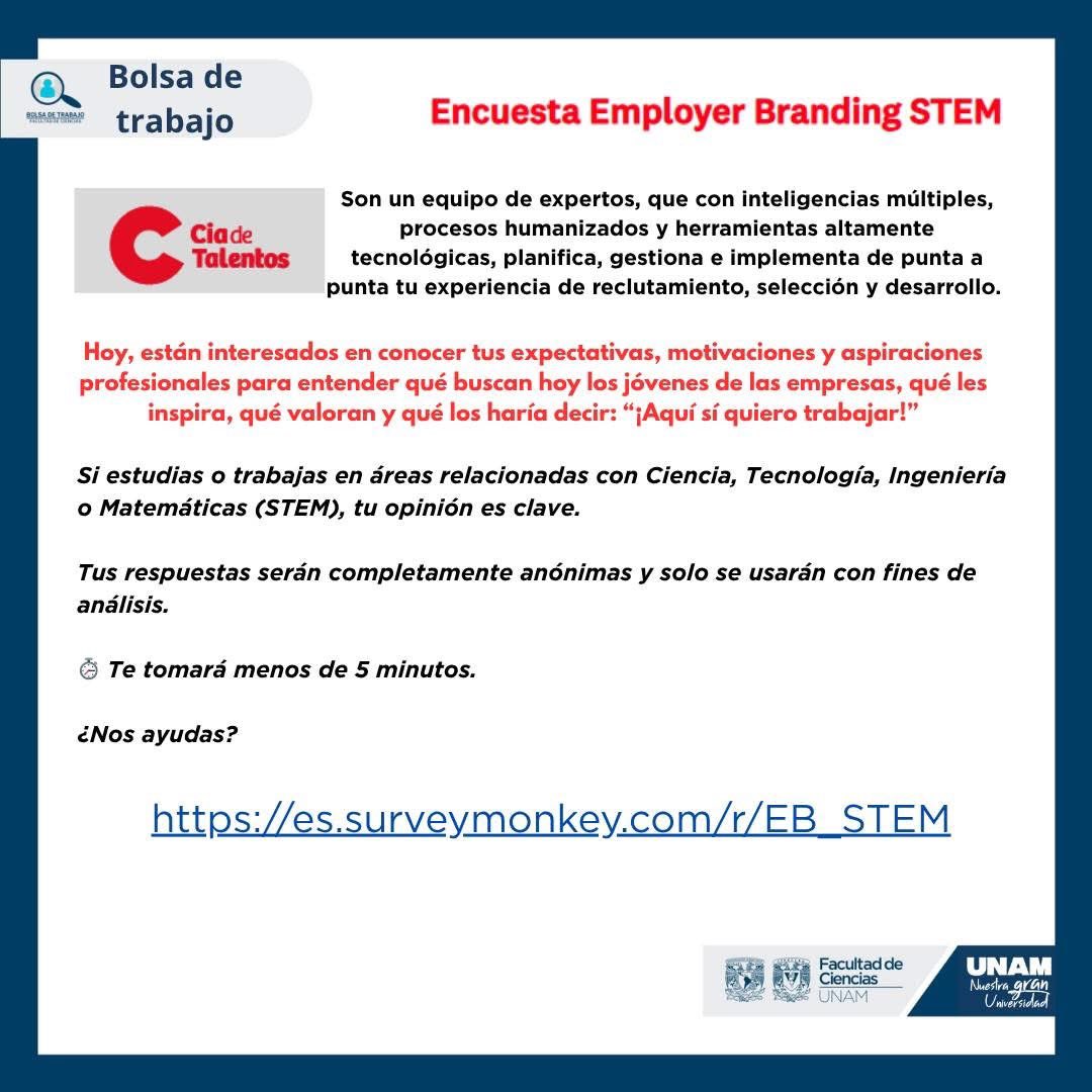 El equipo de CIA TALENTOS está interesado en conocer las expectativas, motivaciones y aspiraciones profesionales de quienes estudian o trabajan en áreas relacionadas con Ciencia, Tecnología, Ingeniería o Matemáticas (STEM).

👉Comparte tus opiniones:
es.surveymonkey.com/r/EB_STEM