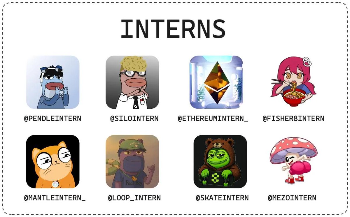 6/ Intern Shout-outs

🔸<a href="/PendleIntern/">Pendle Intern</a> -  most unhinged (and somewhat questionable) intern around, but undeniably a mindshare machine. Some say he sparked the whole 'intern-meta'  w/ top-tier insights  &amp; moon-math across <a href="/pendle_fi/">Pendle</a>.

🔸<a href="/SiloIntern/">Silo Intern</a> - Nutty character who’s always