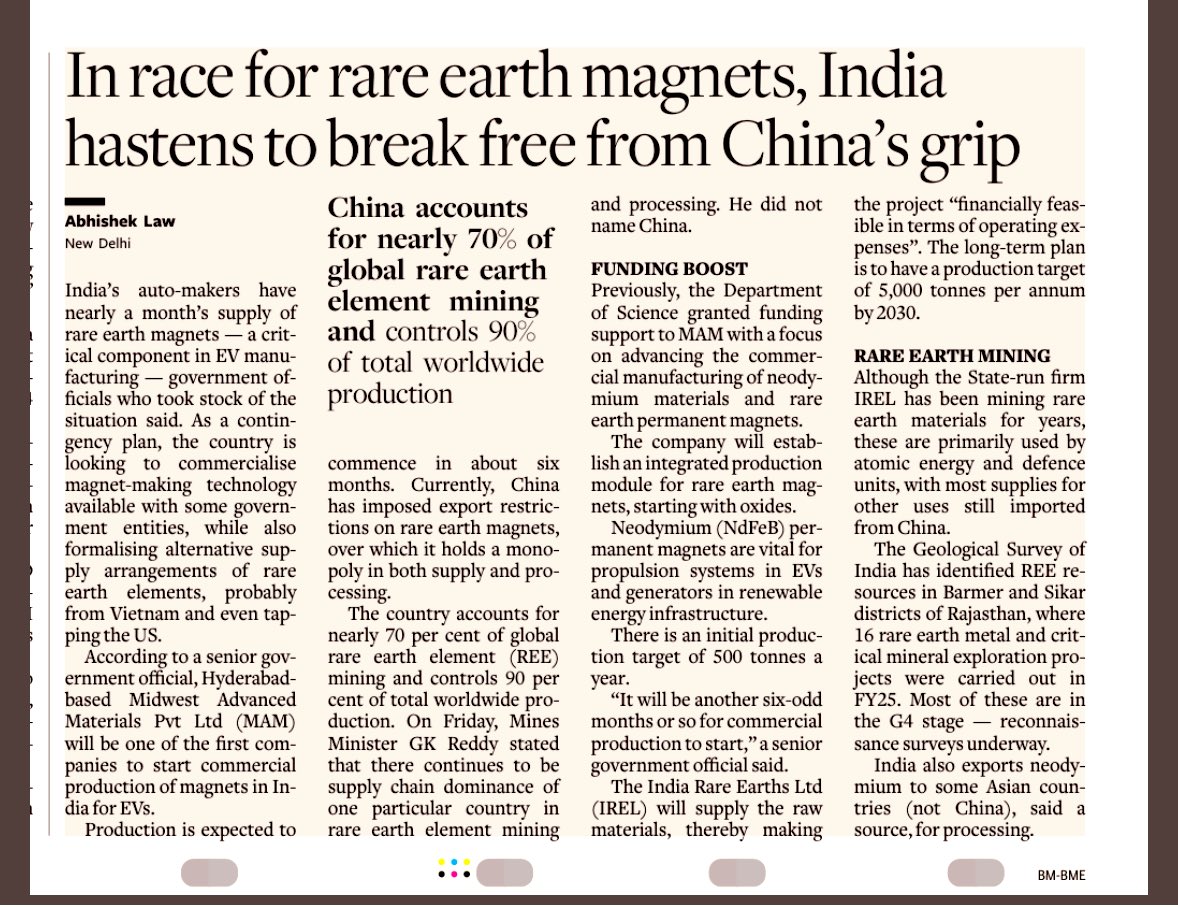 India’s auto-makers have nearly a month-long supply of rare earth magnets — a critical component in EV manufacturing — government officials who took stock of the situation said. As an immediate contingency plan, the country is looking to commercialise magnet-making technology
