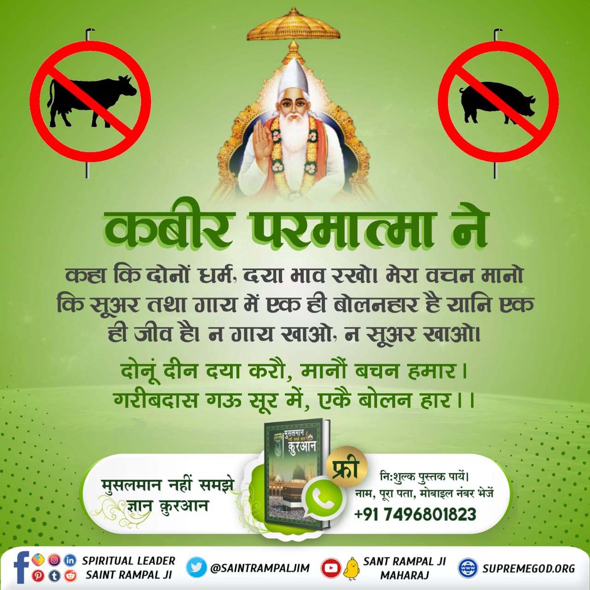 #NoSaint_EverAte_Meat
Meat Eaters Are Great Sinners
कबीर परमात्मा ने कहा कि दोनों धर्म, दया भाव रखो। मेरा वचन मानो कि सूअर तथा गाय में एक ही बोलनहार है यानि एक ही जीव है। न गाय खाओ, न सूअर खाओ।
दोनूं दीन दया करौ, मानौं बचन हमार। गरीबदास गऊ सूर में, एकै बोलन हार।।