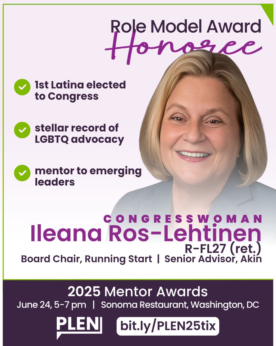 PLEN (@plennetwork) on Twitter photo So proud to honor Congresswoman (ret) <a href="/RosLehtinen/">Ileana Ros-Lehtinen</a> @ the Mentor Awards.๐ Breaking barriers (1st Latina in Congress), LGBTQ advocacy, & mentoring the next gen (including w/our friends <a href="/runningstart/">Running Start</a>) - she truly embodies the Role Model Award. ๐คฉ
Join us: bit.ly/PLEN25tix. So proud to honor Congresswoman (ret) <a href="/RosLehtinen/">Ileana Ros-Lehtinen</a> @ the Mentor Awards.๐ Breaking barriers (1st Latina in Congress), LGBTQ advocacy, & mentoring the next gen (including w/our friends <a href="/runningstart/">Running Start</a>) - she truly embodies the Role Model Award. ๐คฉ
Join us: bit.ly/PLEN25tix.
