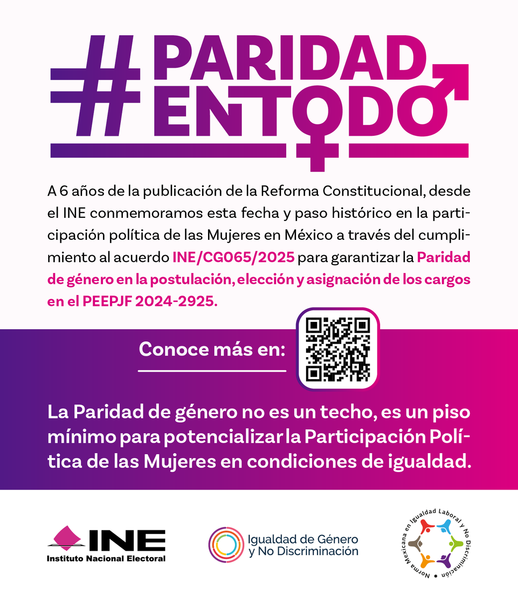 💜 La #ParidadEnTodo no es un techo, es el piso mínimo para una democracia igualitaria. 

🔗 igualdad.ine.mx/serie-18/