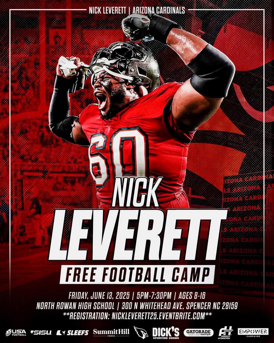 North Rowan Athletics (@nrowathletics) on Twitter photo The 2nd Annual Nick Leverett Football Camp will be held at North Rowan High School Friday June 13th 2025 from 5pm - 7:30 pm. This camp is free to the community ages 8 - 16. Register at nickleverett25.eventbrite.com <a href="/mikelondonpost3/">mike london</a> The 2nd Annual Nick Leverett Football Camp will be held at North Rowan High School Friday June 13th 2025 from 5pm - 7:30 pm. This camp is free to the community ages 8 - 16. Register at nickleverett25.eventbrite.com <a href="/mikelondonpost3/">mike london</a>