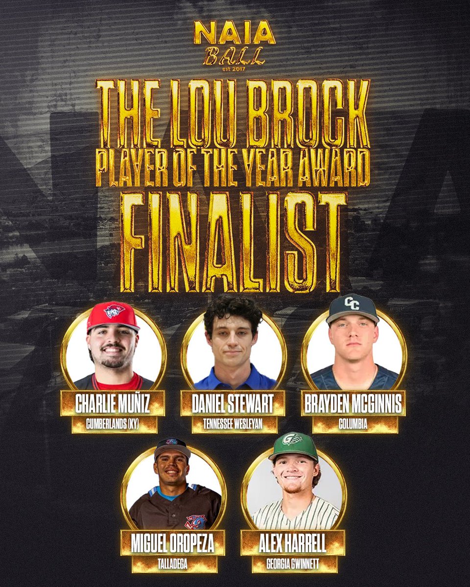 Presenting the Finalist for The 2025 Lou Brock Player of the Year award is presented by the Lou &amp; Jackie Brock Foundation! 

Charlie Muniz - University of the Cumberlands (KY)
Miguel Oropeza - Talladega College
Daniel Stewart - Tennessee Wesleyan 
Brayden McGinnis - Columbia