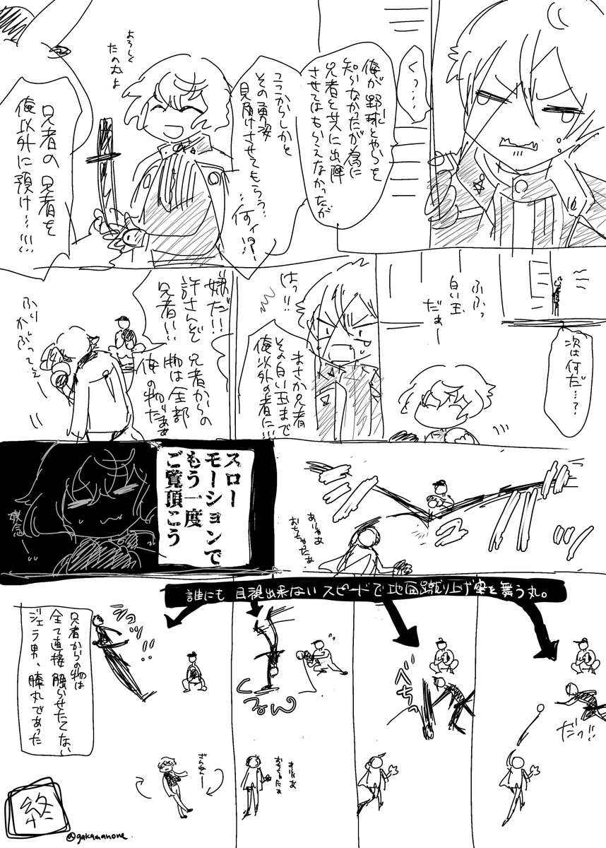 太い棒を白い球に当てまくる激しい遊戯で、今回は白い玉を投げる兄者とそれを見守れなかった弟の漫画
膝丸の刃生最速機動の速度がどんどん更新されてゆく…

⚠️※元ネタはミュ本丸ですがあくまでうちの本丸の関係性ですよろしくお願いします 