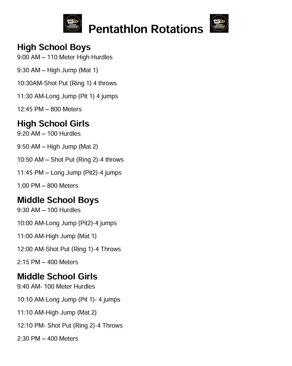 iatfcc's tweet image. ⏰Updated time schedule for @iatfcc outdoor Championships and Pentathlon. 
Please check the start time of your events!!
Same one that was emailed out late this afternoon, last changes in red..
🏟️Stadium open at 8am.