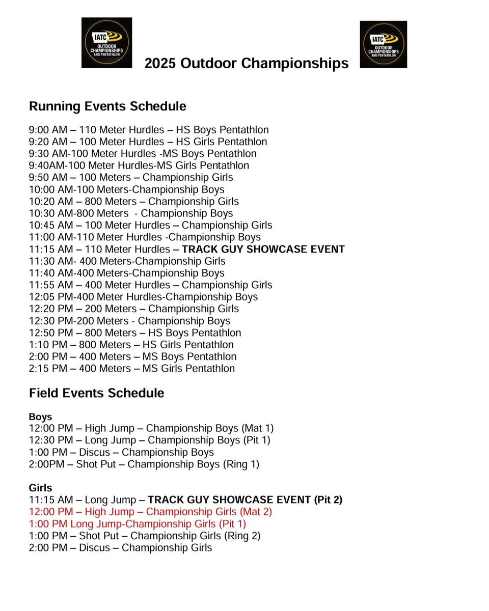 iatfcc's tweet image. ⏰Updated time schedule for @iatfcc outdoor Championships and Pentathlon. 
Please check the start time of your events!!
Same one that was emailed out late this afternoon, last changes in red..
🏟️Stadium open at 8am.