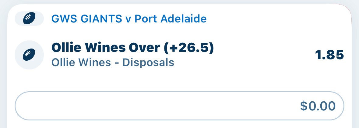 BPPunts's tweet photo. Second tip for #shitbetscomp
Wet conditions and expecting a butters tag. Therefore wines should get more of the footy. 1 unit on.
#AFL #AFLBetting #AFLGiantsPower https://t.co/iKyUJHU1Hj