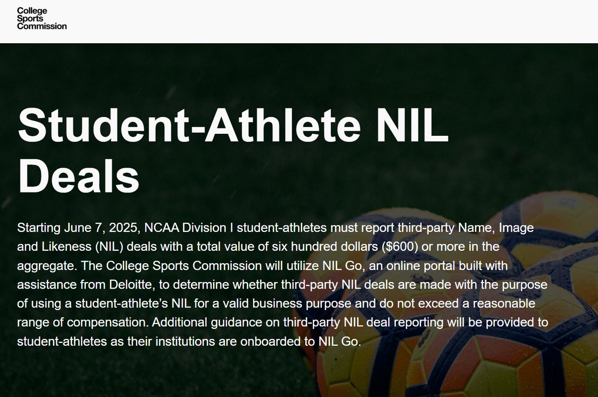 Kristi Dosh (@sportsbizmiss) on Twitter photo Most important thing I spotted on the new website from <a href="/theCSCommission/">College Sports Commission</a>: NIL deals over $600 have to start being reported tomorrow (not July 1st). Most important thing I spotted on the new website from <a href="/theCSCommission/">College Sports Commission</a>: NIL deals over $600 have to start being reported tomorrow (not July 1st).