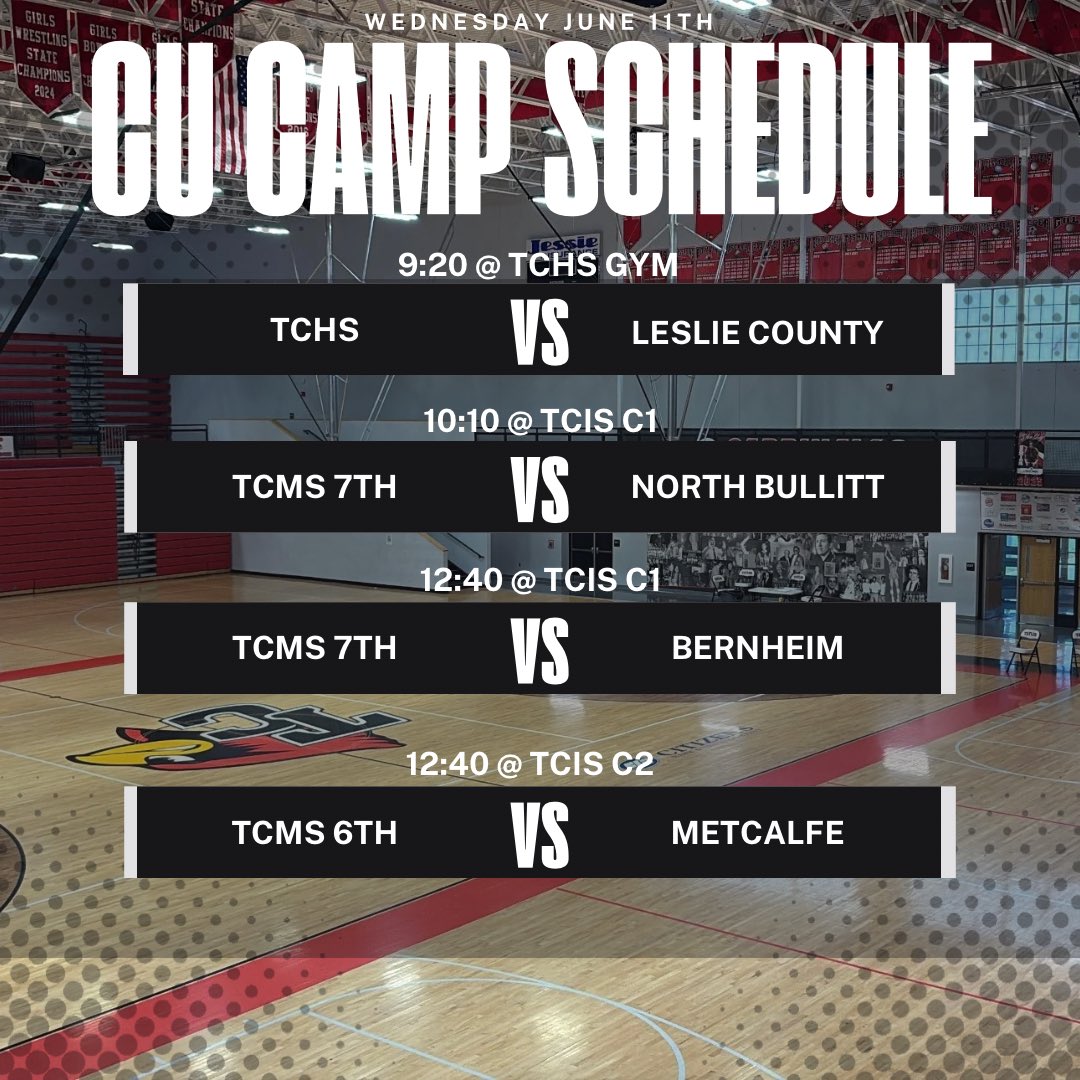 CU Team Camp Schedule for our Varsity, 7th and 6th grade teams 👇🏻

Camp dates: Monday, June 9th - Wednesday, June 11th