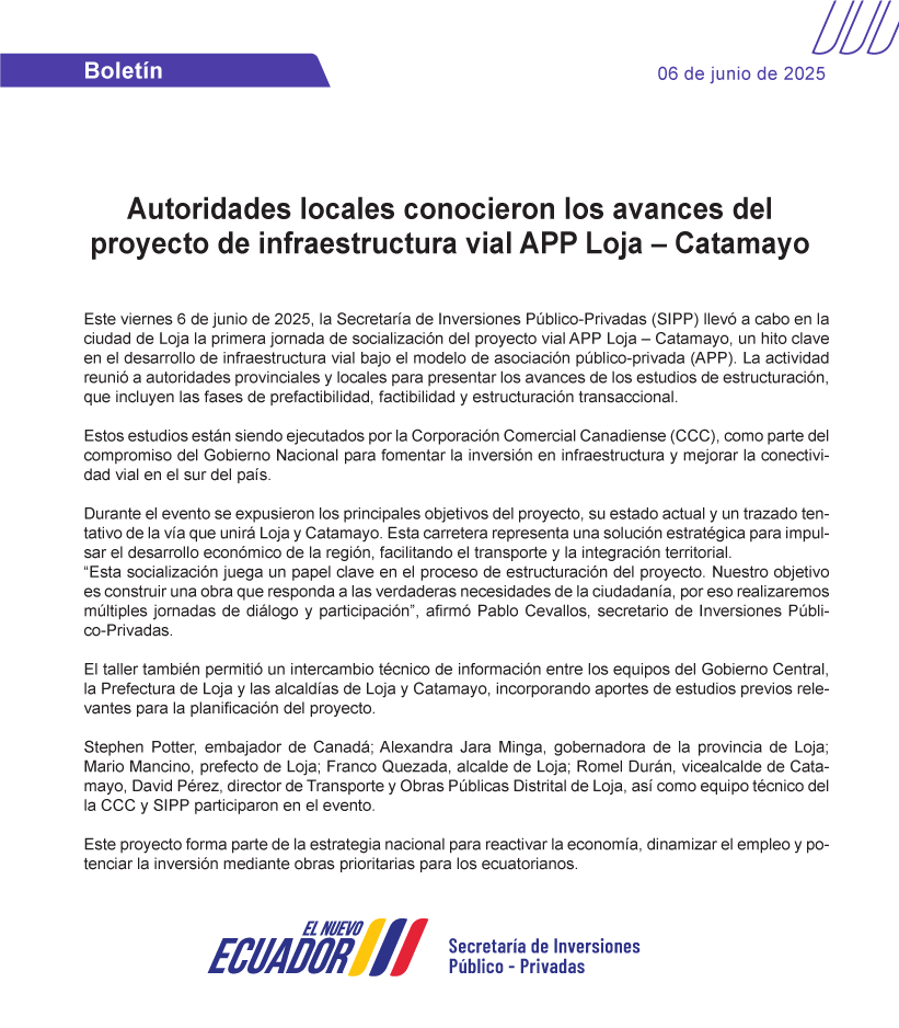 Boletín | Autoridades locales conocieron los avances del proyecto de infraestructura vial APP #Loja – #Catamayo.

Lea la nota completa en:
👉 bit.ly/4kvyQOs

#ElNuevoEcuadorNoSeDetiene 🇪🇨