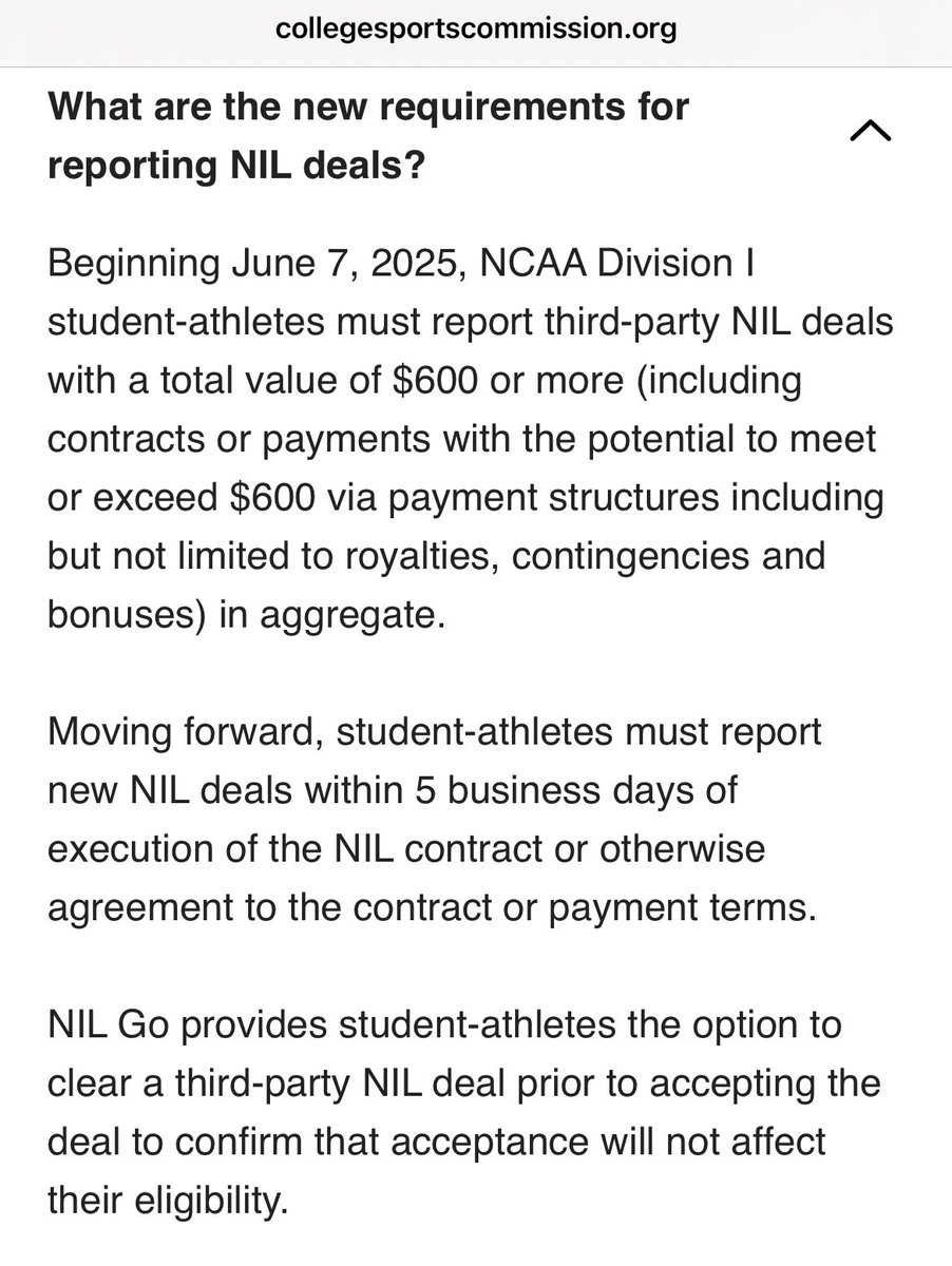 Well THIS is interesting … the new <a href="/theCSCommission/">College Sports Commission</a> - the new enforcement arm responsible for enforcing new rules around roster limits, revenue sharing and third-party NIL deals - is ordering all NCAA D1 athletes to report third-party NIL deals with a total value of $600 or more