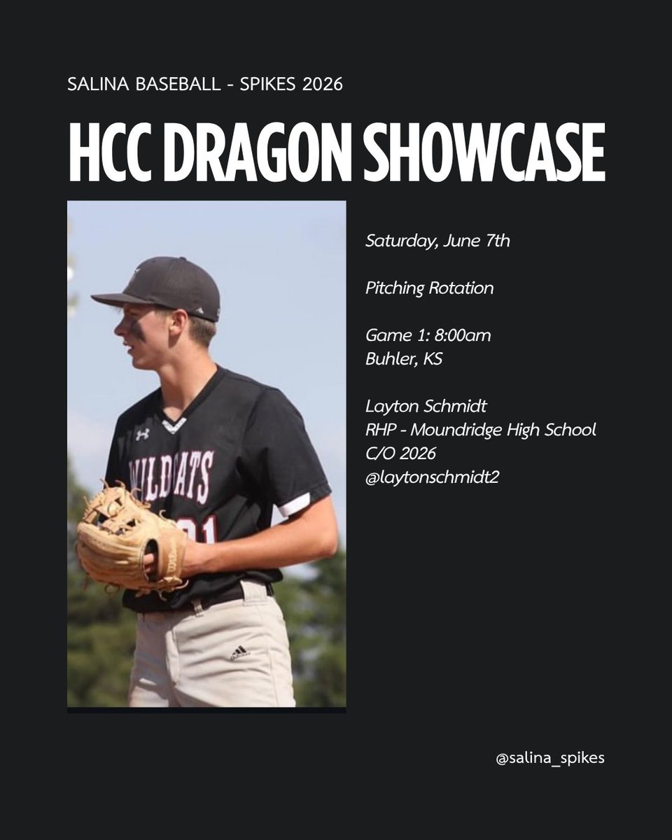 Salina Spikes (@salina_spikes) on Twitter photo The <a href="/SalinaBaseball/">🇺🇸Salina Baseball⚾️</a> Spikes 2026 will send <a href="/LaytonSchmidt2/">Layton Schmidt</a> to the mound on Day 2 of the <a href="/BlueDragonBSB/">Hutchinson Blue Dragon Baseball</a> Dragon Showcase Tournament tomorrow at 8am! 🔵⚪️⚫️🐉🐉#spikes2026 The <a href="/SalinaBaseball/">🇺🇸Salina Baseball⚾️</a> Spikes 2026 will send <a href="/LaytonSchmidt2/">Layton Schmidt</a> to the mound on Day 2 of the <a href="/BlueDragonBSB/">Hutchinson Blue Dragon Baseball</a> Dragon Showcase Tournament tomorrow at 8am! 🔵⚪️⚫️🐉🐉#spikes2026