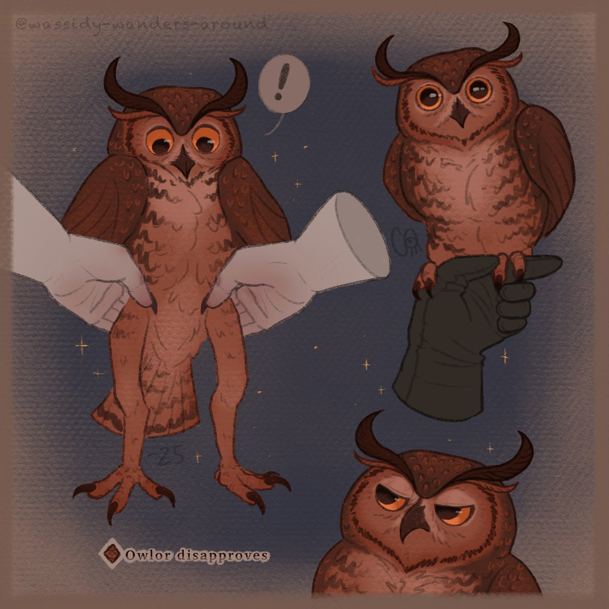 Owlor P2 🌛🦉✨
This one is more playful. The leg reveal idea is courtesy of <a href="/Weeburdoodles/">Avatar of Voyeuristic Terror</a> 

The top one to the right is giving "Robert, there have been several injuries." ⚫👄⚫

#zevlor #owlor #bg3 #zevlorfanart #zevlorbg3 #ilikeowls #greathornedowl #wassidywanders