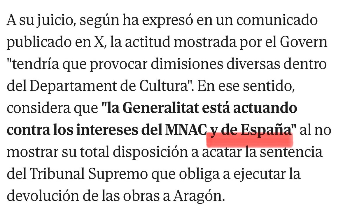 Hola, <a href="/elmundoes/">EL MUNDO</a>. Hi ha un problema en la traducció. On poseu “y de España” vaig dir “i del país”. Tot i q us pugui semblar estrany, no em referia a la vostra venerable, vetusta i gran nació, sinó que em referia a la meva, Catalunya, que encara ho és més.

elmundo.es/cataluna/2025/…
