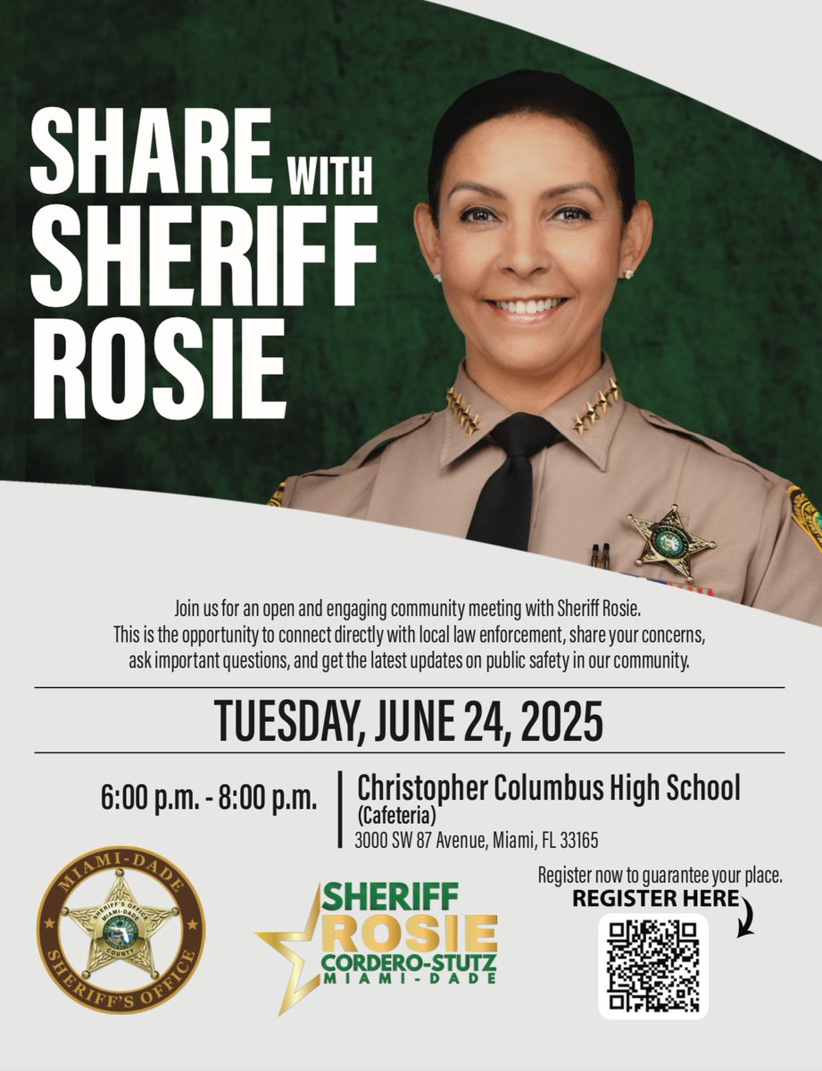MiamiDade_SO's tweet photo. Share with Sheriff Rosie ⭐️ 

To our Midwest Community:
Join us for an open and engaging community meeting with Sheriff Rosie. Please see below flyers for more information. 

📢 Stay tuned for details in the near future, as the Sheriff will be visiting different communities throughout Miami-Dade County.