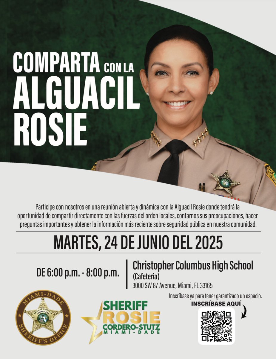 MiamiDade_SO's tweet photo. Share with Sheriff Rosie ⭐️ 

To our Midwest Community:
Join us for an open and engaging community meeting with Sheriff Rosie. Please see below flyers for more information. 

📢 Stay tuned for details in the near future, as the Sheriff will be visiting different communities throughout Miami-Dade County.