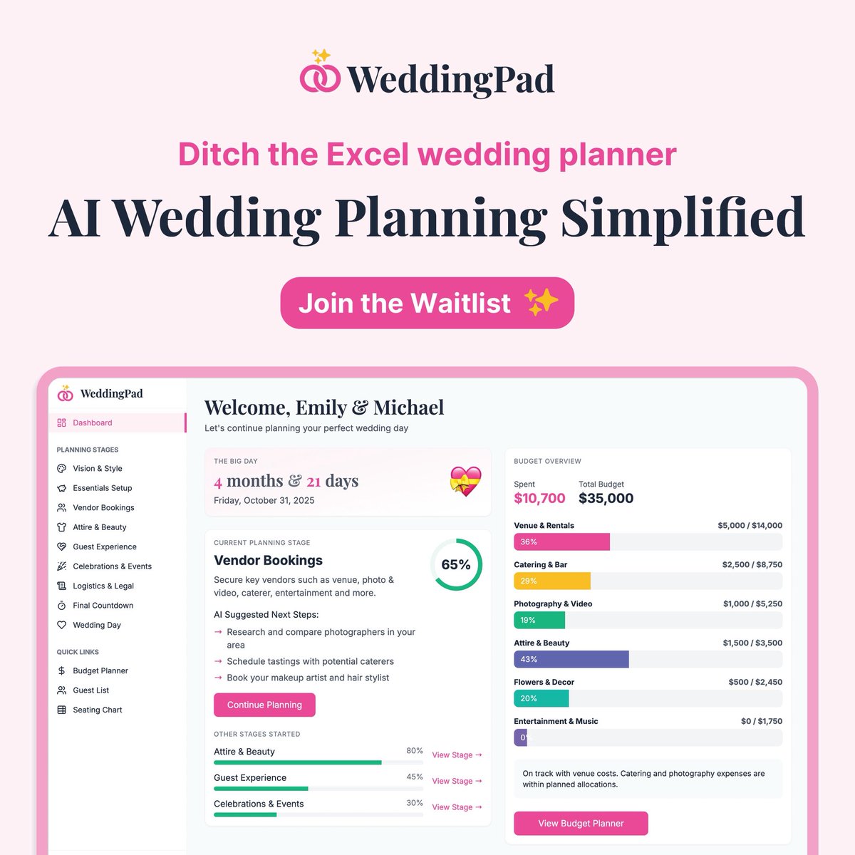 lofivibesdev's tweet image. I’ve been quietly working on a new SaaS project… and it’s finally time 🫡
Say hello to WeddingPad 💍 — an AI-powered wedding planning tool that helps couples stay organized, stress-free, and actually excited to plan.
The waitlist is officially open → weddingpad.ai…