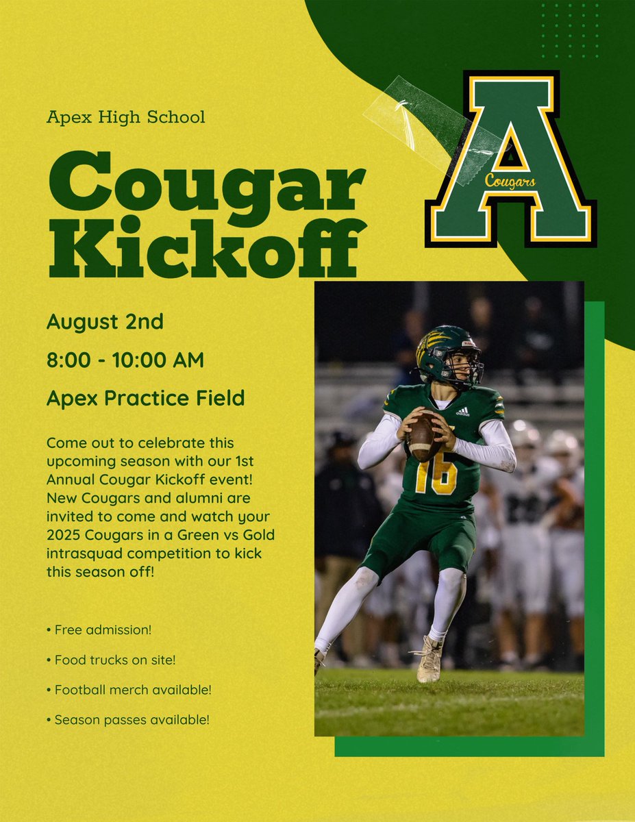 CoachFronk's tweet image. Mark your calendars, Apex Football Family! Great opportunity to come out and support your Cougars as we embark on the 2025 season. Looking forward to seeing alumni and current Apex Football family come out on August 2nd, 8-10 AM on our practice field!