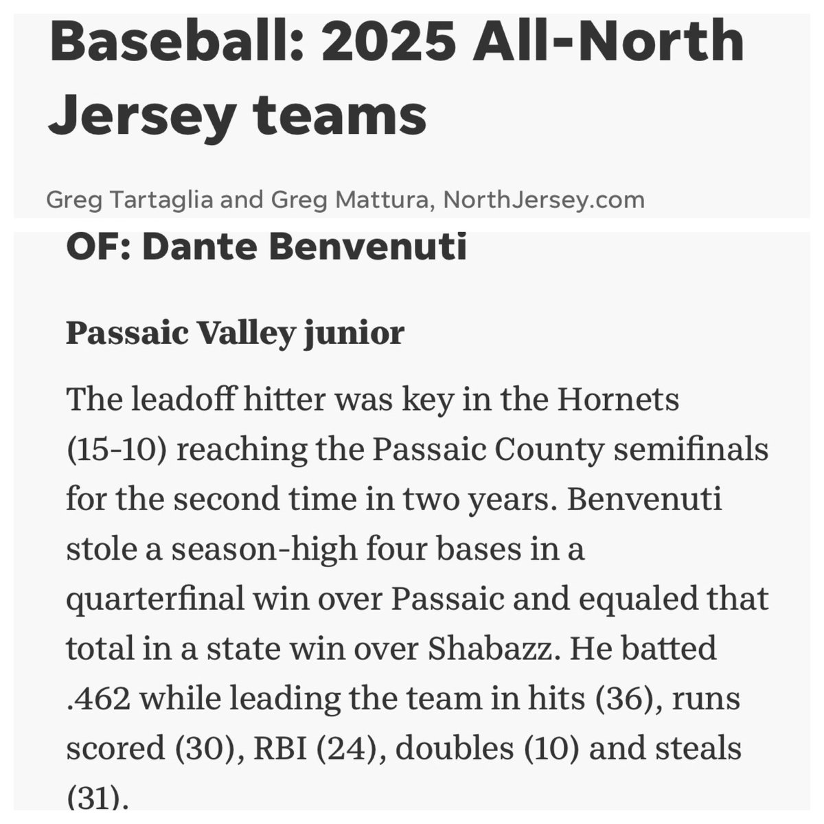 CONGRATULATIONS to our 1st TEAM ALL NORTH JERSEY Student-Athletes. Lily Allmendinger &amp; Dante Benvenuti were selected 1st Team in Softball &amp; Baseball as 11th graders.  PV is very proud of both of you!  #SwarmUp