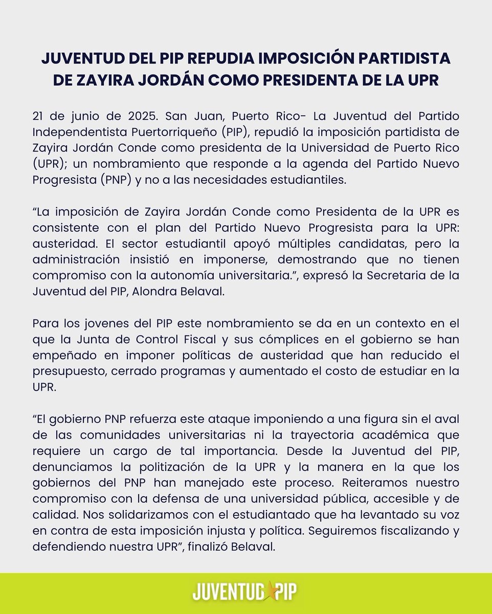JuventudPIP's tweet image. JUVENTUD DEL PIP REPUDIA IMPOSICIÓN PARTIDISTA DE ZAYIRA JORDÁN COMO PRESIDENTA DE LA UPR