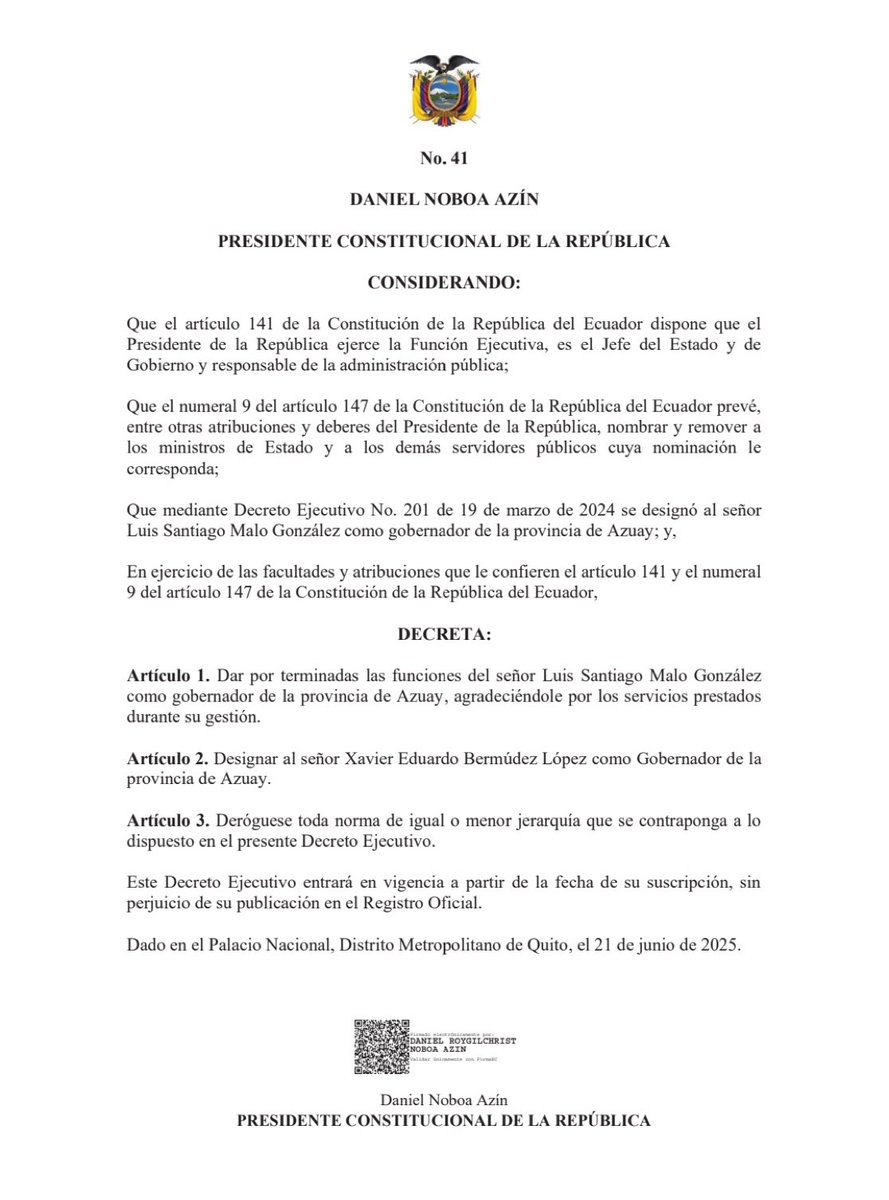 ‼️#URGENTE
Xavier Bermúdez López fue designado como Gobernador de Azuay, en reemplazo de Luis Santiago Malo.