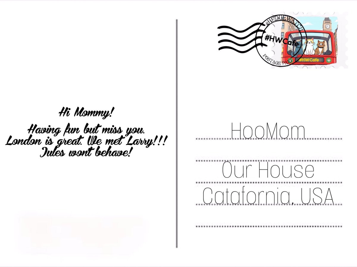 Mel Asks (@mel_asks) on Twitter photo Mooch finished our postcard to HooMom. Now we have to mail it before heading over to Bluesky for Peyton’s Pool Party.
Bluesky: #PeytsPoolParty
1-5 pm EDT USA time
And
7-9 EDT
We had a marvelous London bus tour, HQ! <a href="/Hedgewatchers/">Hedgewatch</a>
#HWCafe Mooch finished our postcard to HooMom. Now we have to mail it before heading over to Bluesky for Peyton’s Pool Party.
Bluesky: #PeytsPoolParty
1-5 pm EDT USA time
And
7-9 EDT
We had a marvelous London bus tour, HQ! <a href="/Hedgewatchers/">Hedgewatch</a>
#HWCafe