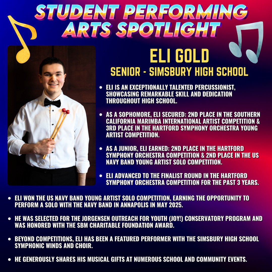 CT Association of Schools (@cas_ct) on Twitter photo 🎶 Student Performing Arts Spotlight 🎶 
Meet Eli Gold, a Simsbury High senior and standout percussionist! From competitions to community performances, Eli’s talent shines. This May, he’ll solo with the US Navy Band after winning their Young Artist Solo Competition! 🎶 Student Performing Arts Spotlight 🎶 
Meet Eli Gold, a Simsbury High senior and standout percussionist! From competitions to community performances, Eli’s talent shines. This May, he’ll solo with the US Navy Band after winning their Young Artist Solo Competition!