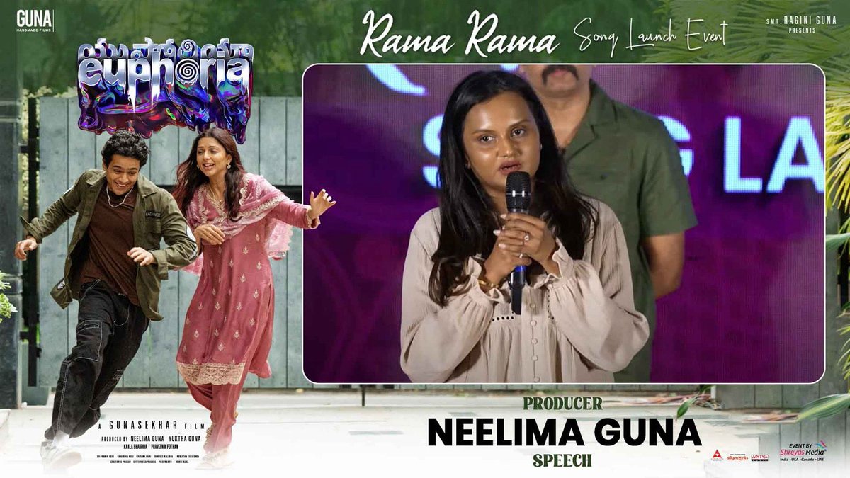 Duddi Sreenu (@prduddisreenu) on Twitter photo Watch Producer #NeelimaGuna Speech @ #RamaRama Song Launch Event β the second single from #EuphoriaTheFilm!β€οΈ
βΆοΈ youtu.be/QZT5D6Z9yD0
<a href="/Gunasekhar1/">Gunasekhar</a> <a href="/bhumikachawlat/">Bhumika Chawla β Just B</a> <a href="/menongautham/">Gauthamvasudevmenon</a> <a href="/neelima_guna/">Neelima Guna</a> <a href="/kaalabhairava7/">Kaala Bhairava</a> <a href="/vigneshreddy_g/">Vignesh Reddy Gavi</a> <a href="/LYalamanchili28/">Likhita Yalamanchili</a> <a href="/GunaHandmade/">Guna Handmade Films</a> <a href="/GunaaTeamworks/">Gunaa Teamworks</a> Watch Producer #NeelimaGuna Speech @ #RamaRama Song Launch Event β the second single from #EuphoriaTheFilm!β€οΈ
βΆοΈ youtu.be/QZT5D6Z9yD0
<a href="/Gunasekhar1/">Gunasekhar</a> <a href="/bhumikachawlat/">Bhumika Chawla β Just B</a> <a href="/menongautham/">Gauthamvasudevmenon</a> <a href="/neelima_guna/">Neelima Guna</a> <a href="/kaalabhairava7/">Kaala Bhairava</a> <a href="/vigneshreddy_g/">Vignesh Reddy Gavi</a> <a href="/LYalamanchili28/">Likhita Yalamanchili</a> <a href="/GunaHandmade/">Guna Handmade Films</a> <a href="/GunaaTeamworks/">Gunaa Teamworks</a>