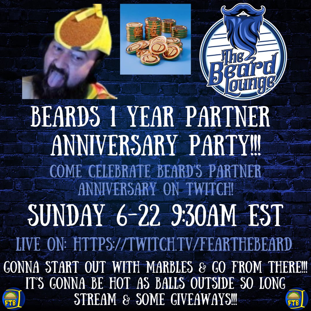 📣🤟🏽 If you’re around tomorrow come on in for Beards 1 Year Partner Anniversary Stream!!! Time friggin flies when you’re having a good time with an awesome community!!! Let’s have some fun tomorrow &amp; celebrate this past year on Twitch!

Several giveaways to give back what y’all