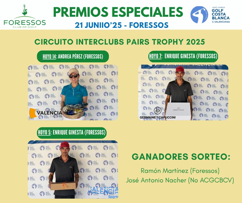 acgcb's tweet image. GANADORES PREMIOS ESPECIALES este sábado en Foressos Golf :

🎖️Germaine de Capuccini&amp;gt; Enrique Ginesta (Foressos) 
🎖️Visit València - España. &amp;gt; Enrique Ginesta (Foressos) 
🎖️València Turisme &amp;gt; Andrea Pérez (Foressos) 

¡Enhorabuena a todos!👏