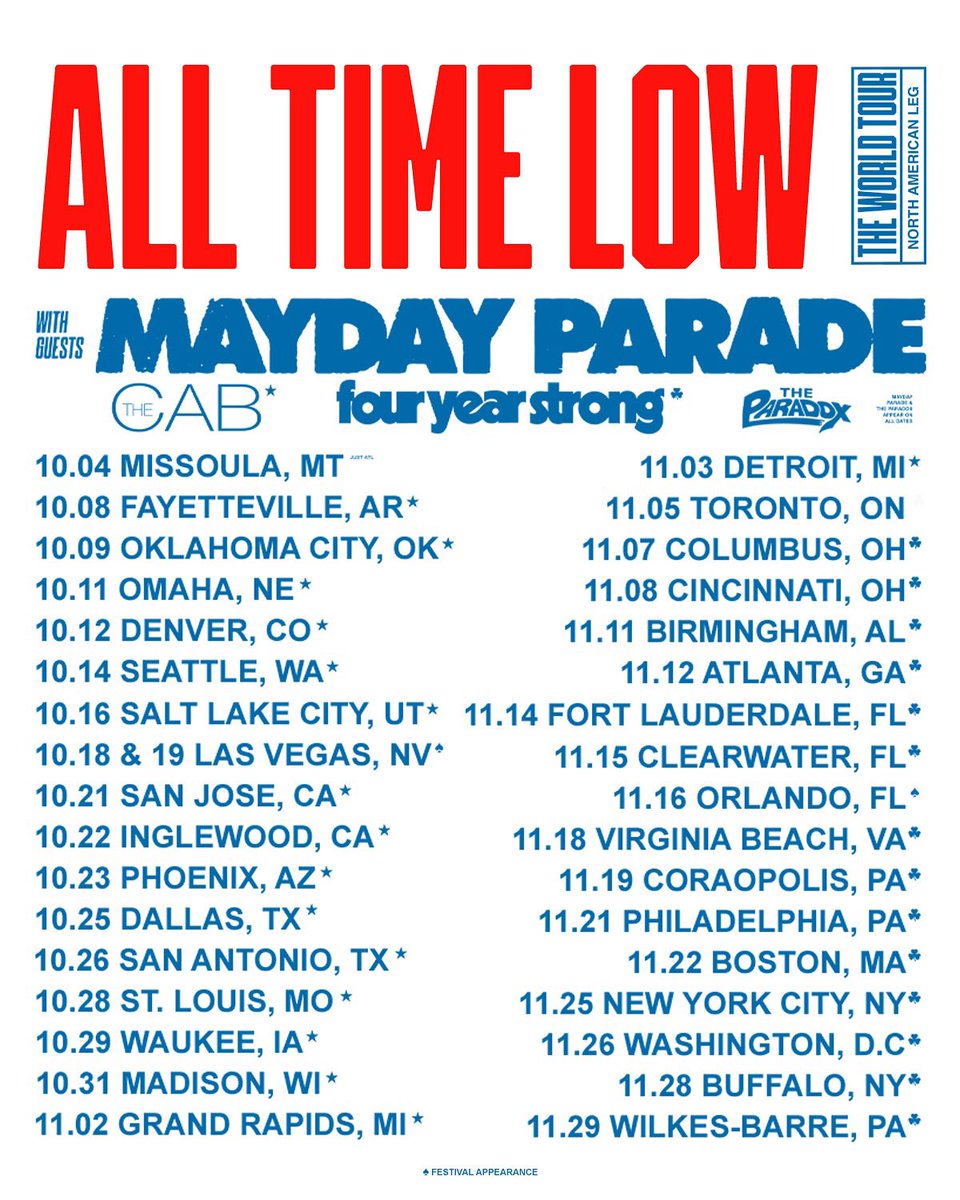 Mayday Parade (@maydayparade) on Twitter photo EVERYONE’S TALKING! The World Tour: North American Leg with All Time Low, The Cab, <a href="/fouryearstrong/">four year strong</a>, and <a href="/TheParadoxBand1/">The Paradox</a> is ON SALE now!
Get your tickets at maydayparade.com/tour! EVERYONE’S TALKING! The World Tour: North American Leg with All Time Low, The Cab, <a href="/fouryearstrong/">four year strong</a>, and <a href="/TheParadoxBand1/">The Paradox</a> is ON SALE now!
Get your tickets at maydayparade.com/tour!