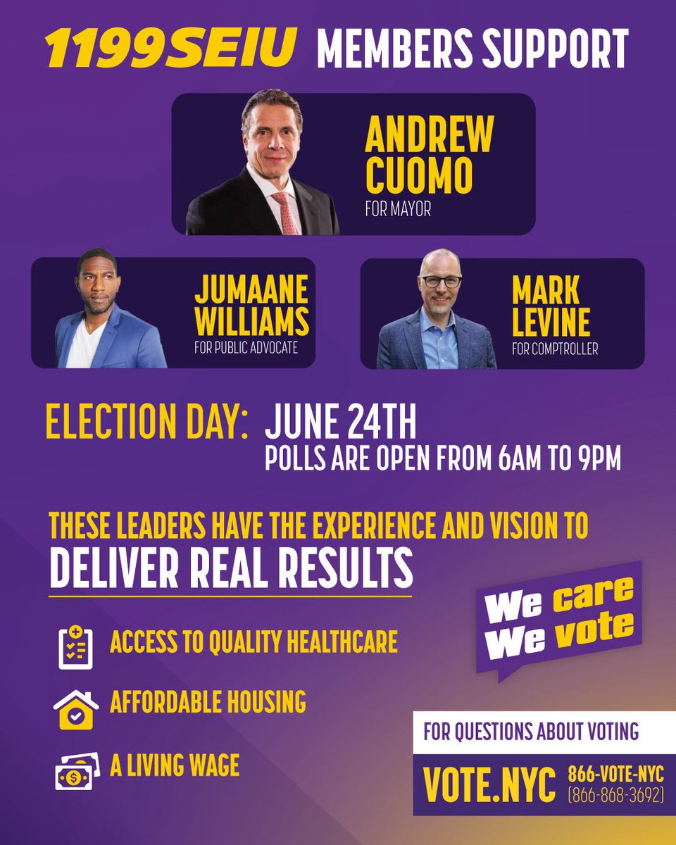 1199SEIU's tweet image. It’s Get Out The Vote weekend in NYC! 1199 healthcare workers are fanning out across every borough to talk about the issues at stake— like access to affordable housing, quality education, and good jobs for all New Yorkers— and why we’re voting @andrewcuomo for Mayor!