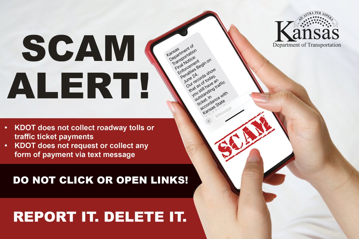 KDOTHQ's tweet image. NEW SCAM ALERT!
If you receive a text message like the graphic, DON'T CLICK THE LINK! This isn't a valid KDOT website. KDOT does not collect tolls or traffic ticket payments and will not send unsolicited texts.
Report scam here: ic3.gov or reportfraud.ftc.gov